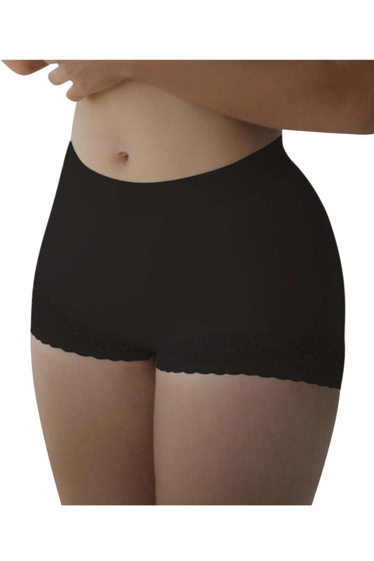 Black vedette 5092 butt lifter shaper short with high-waisted scalloped lace trim shown from the back side