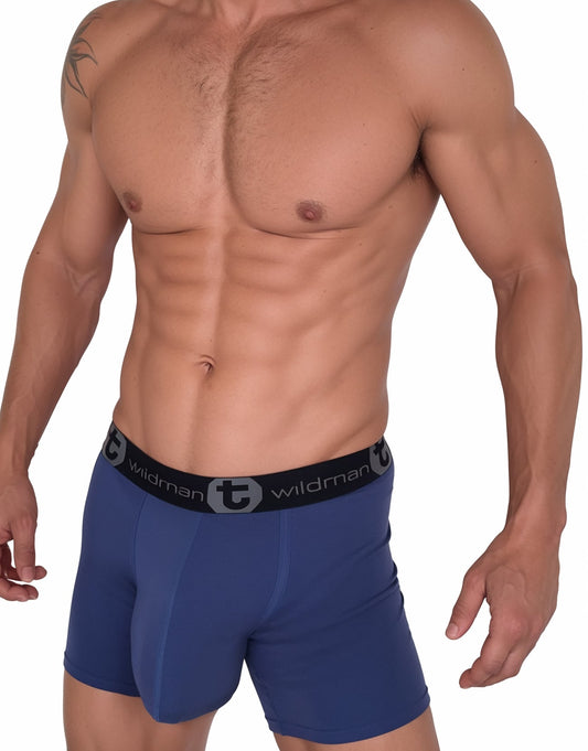 Wildman blue cotton boxer briefs with black waistband featuring wildman logo and stylized t emblem 5 inch inseam