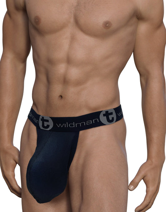 Dark navy blue wildman brand jockstrap with contoured mesh pouch and elastic waistband featuring the logo