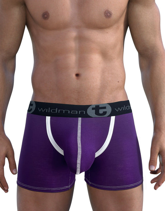 Purple wildman modal big boy pouch boxer briefs with white trim and black waistband featuring wildman logo