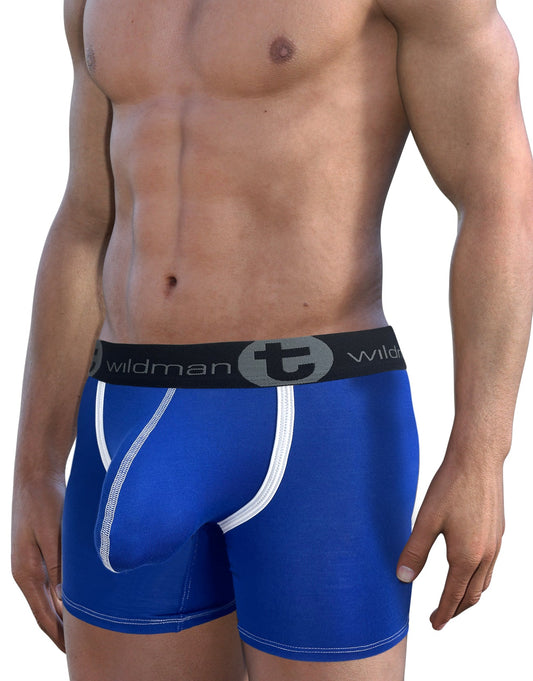 Wildmant modal big boy pouch royal blue boxer briefs with white trim and black waistband featuring brand logo