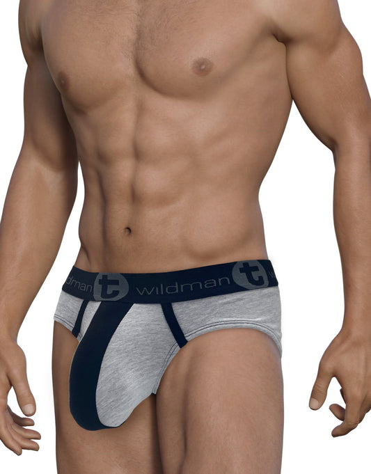 Wildmant stretch cotton big boy pouch brief in gray and black with navy blue athletic briefs and branded waistband
