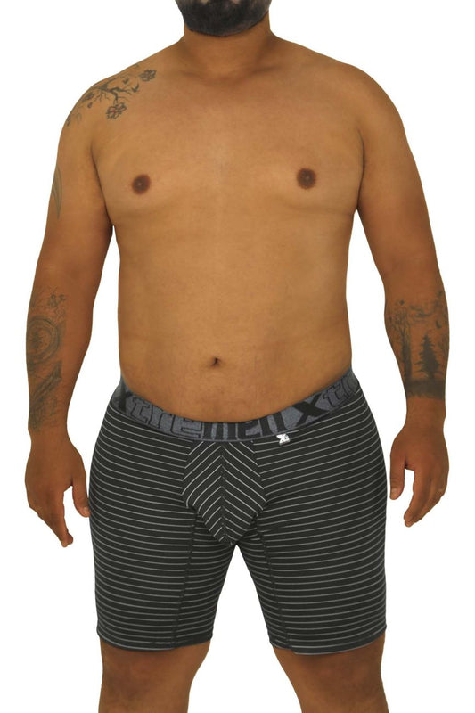 Xtremen 70004 Plus black and white striped men’s boxer briefs with chevron pattern on front in soft fabric