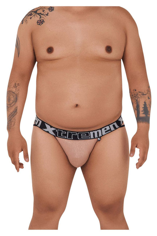 Beige mesh briefs with black elastic waistband and xtremen logo in white microfiber bikini for men