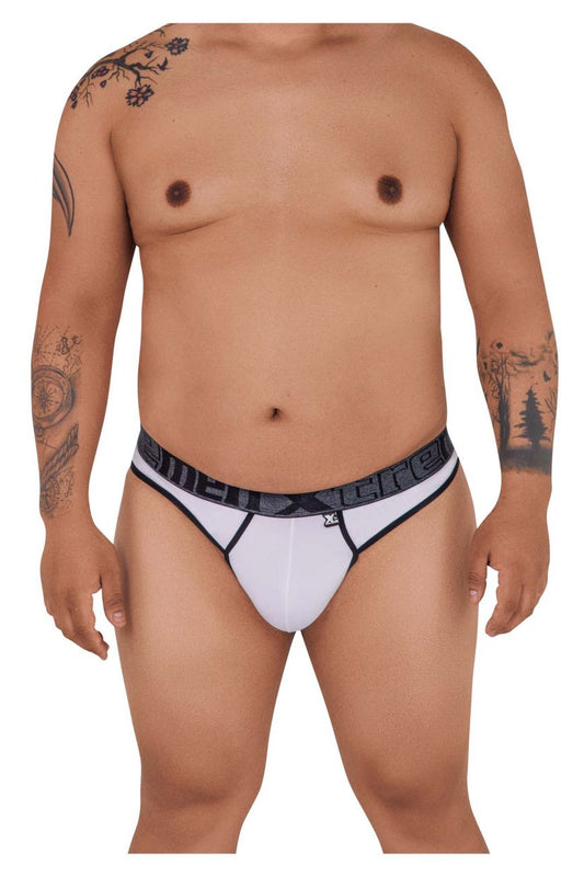 White xtremen 91101x microfiber thongs with black elastic waistband featuring gray xtreme logo and x-shaped emblem