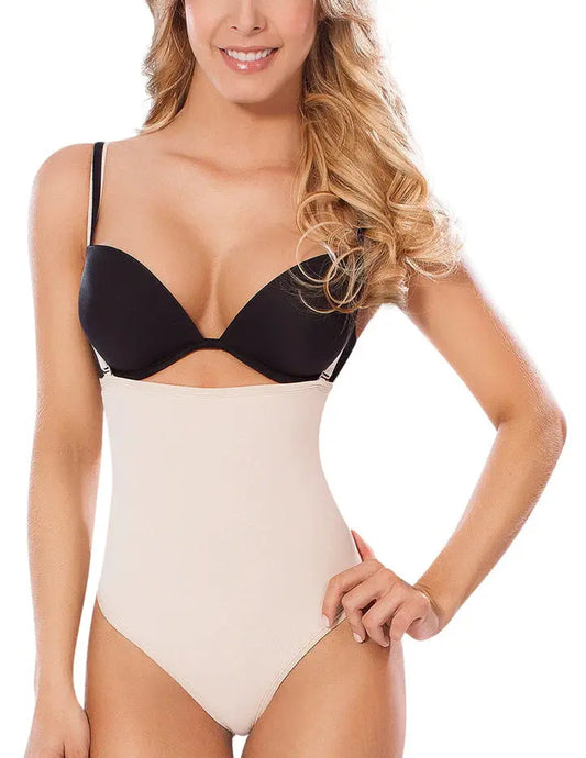 Black and beige two-piece shapewear set with structured bra top and seamless bodice in nude by moldeate 2001 maximum control body shaper