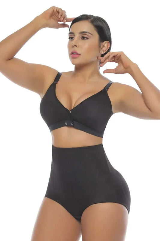 Black 365me shapewear set with high-waisted seamless control panties and a supportive bra top.