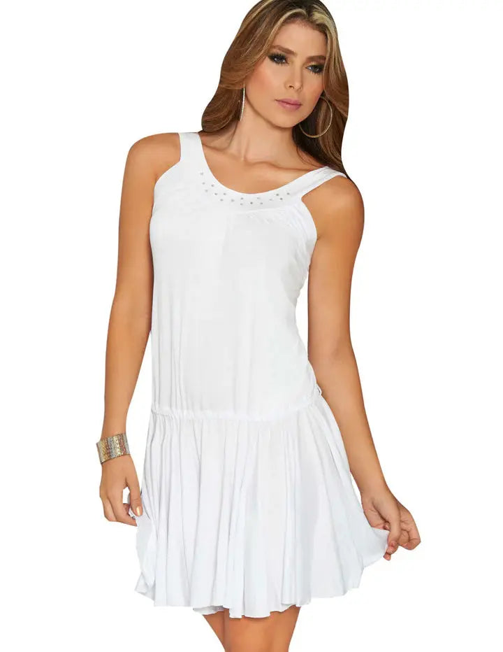White sleeveless AM PM 4800 dress with pleated skirt and delicate embellishments around the neckline
