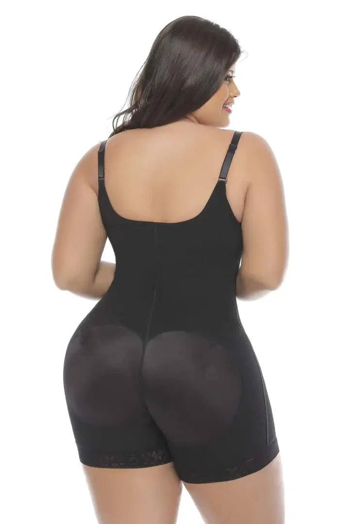 Black plus-size shapewear bodysuit with thin straps and sheer mesh panels at the back by 365me shapewear