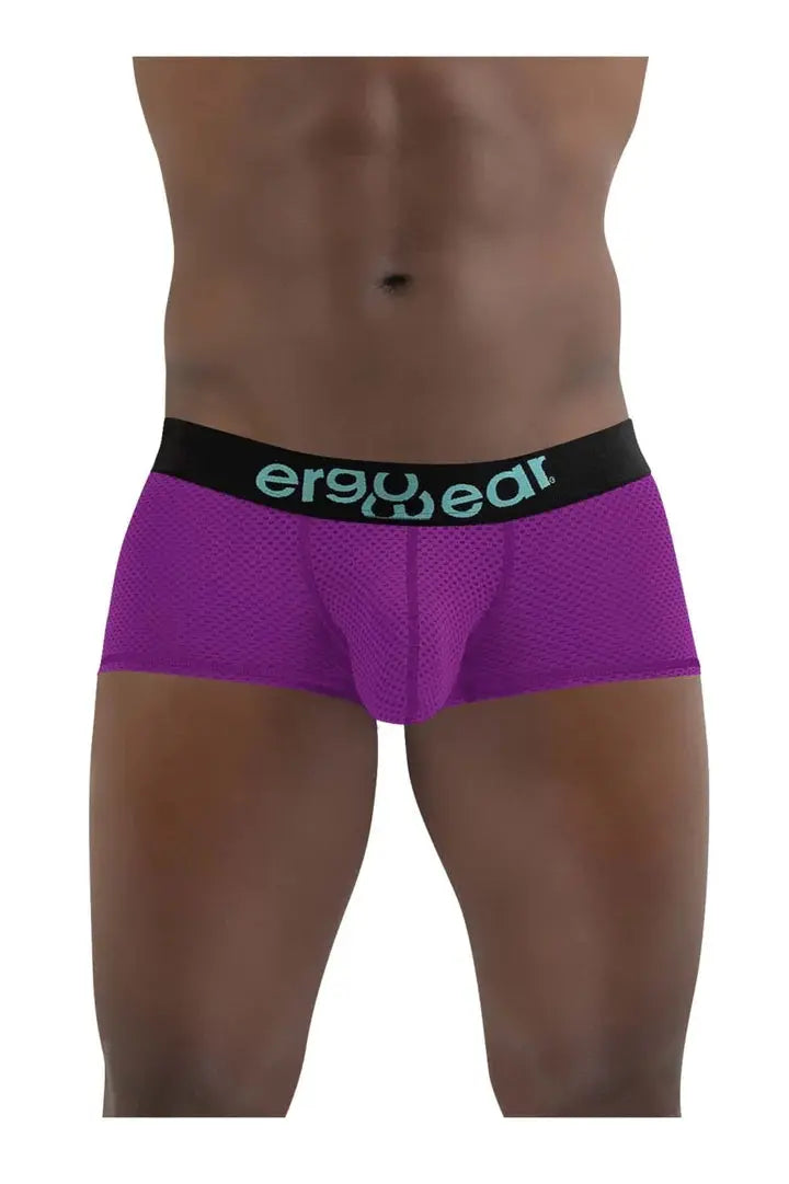 Purple ergowear ew1398 max boxer briefs mesh fabric with black waistband and teal logo front view