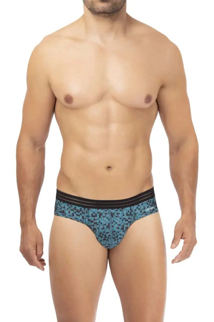 Blue patterned microfiber briefs with black bolton waistband shown with back side for hawa 42328 in green article