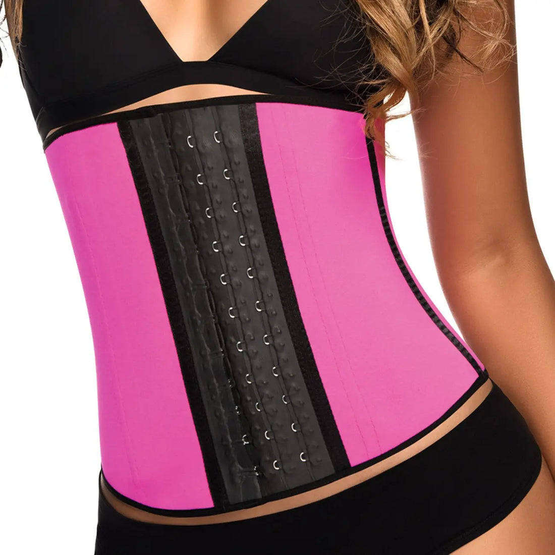 Fuchsia latex waist cincher corset with hook-and-eye closure.