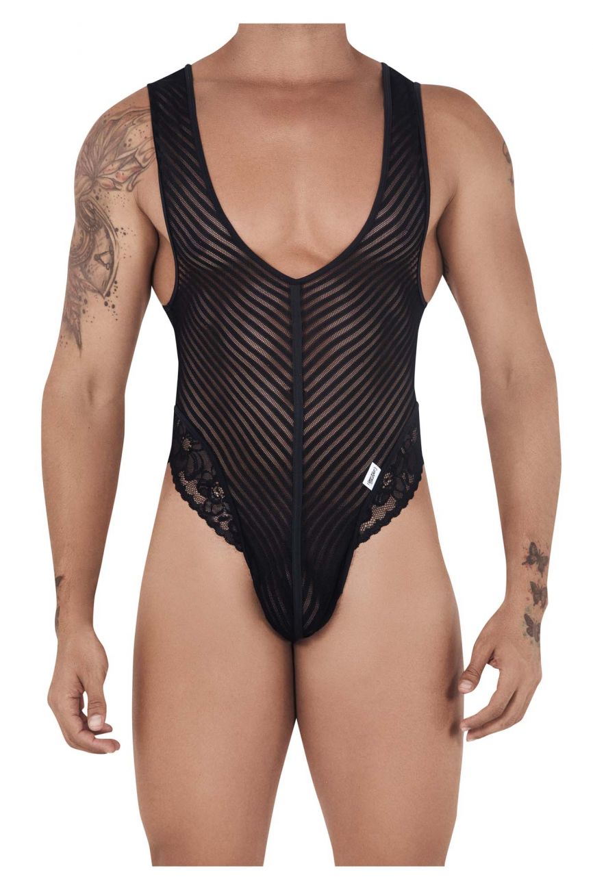 Introducing the CandyMan 99522 Lace-Mesh Bodysuit Thong in Black