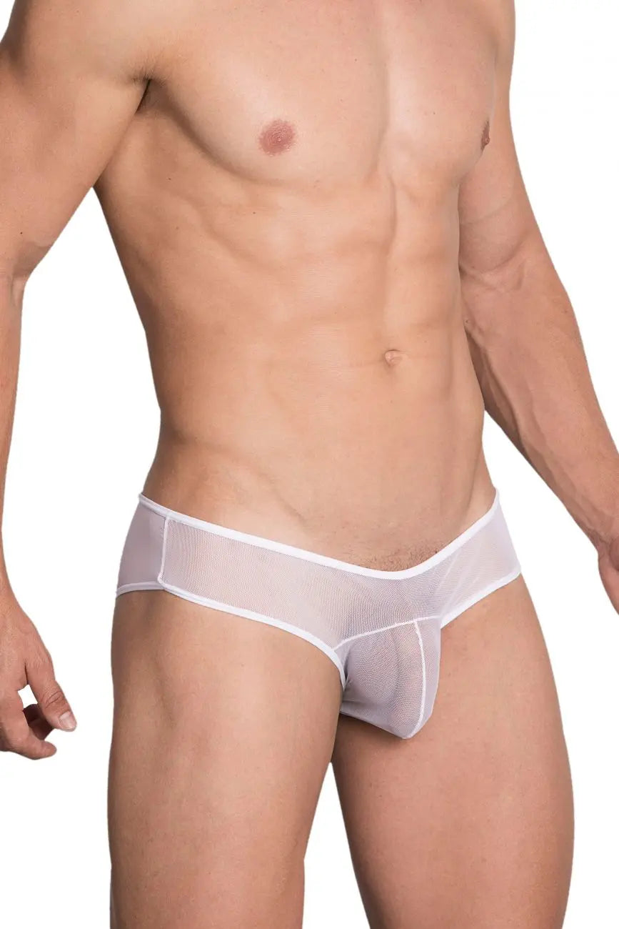 Men's white sheer mesh bikini briefs with a white trim.