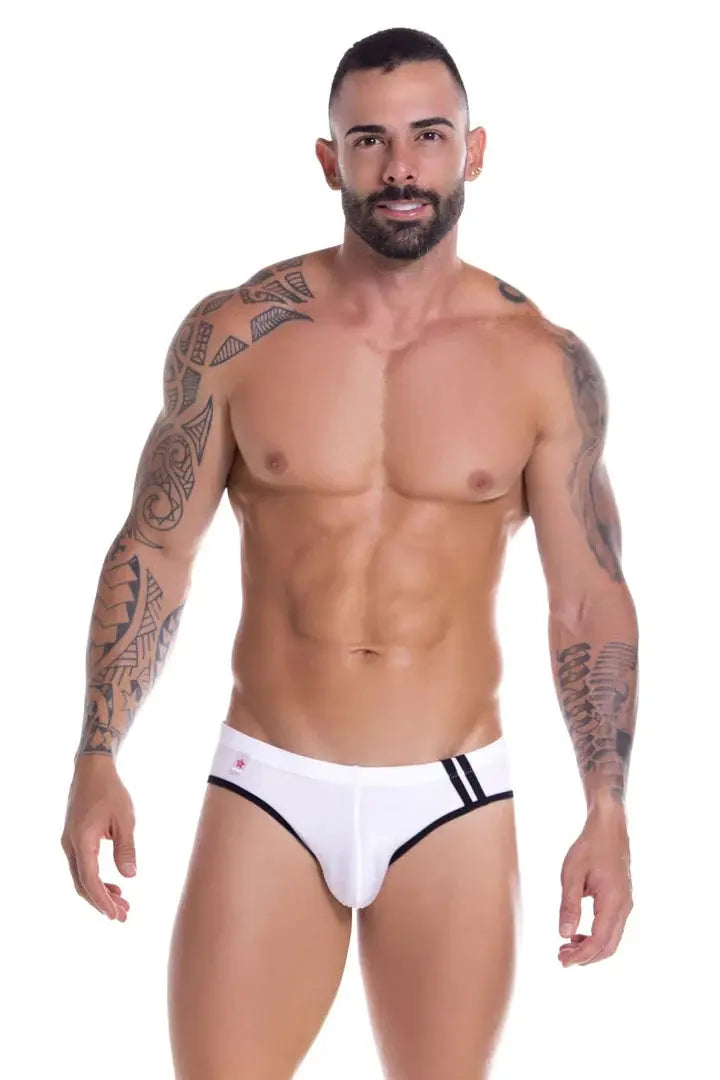 Men's white JOR bikini with black and white stripe trim.