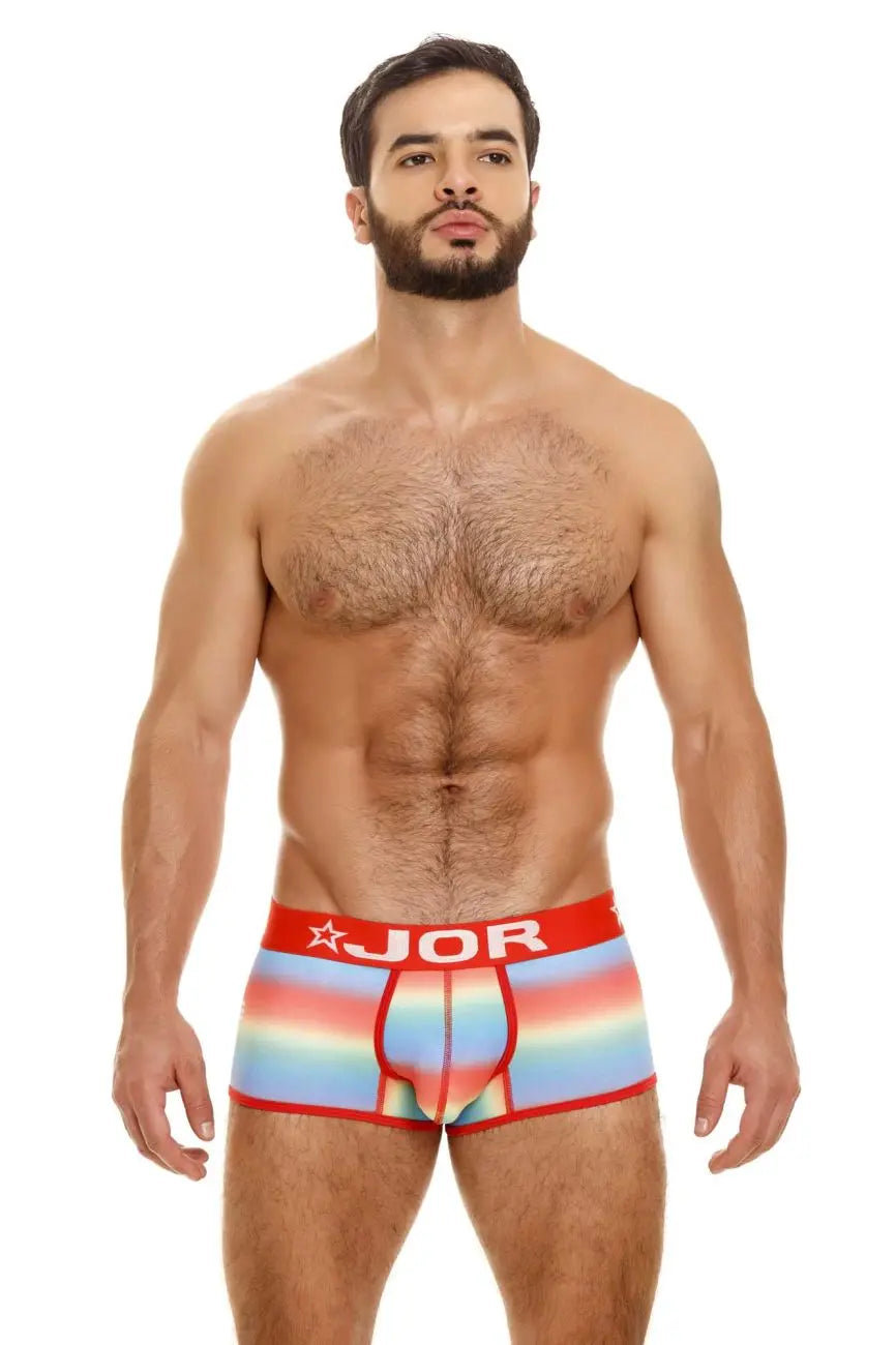JOR 1752 Party Trunks: Men's rainbow-striped boxer briefs with red waistband.