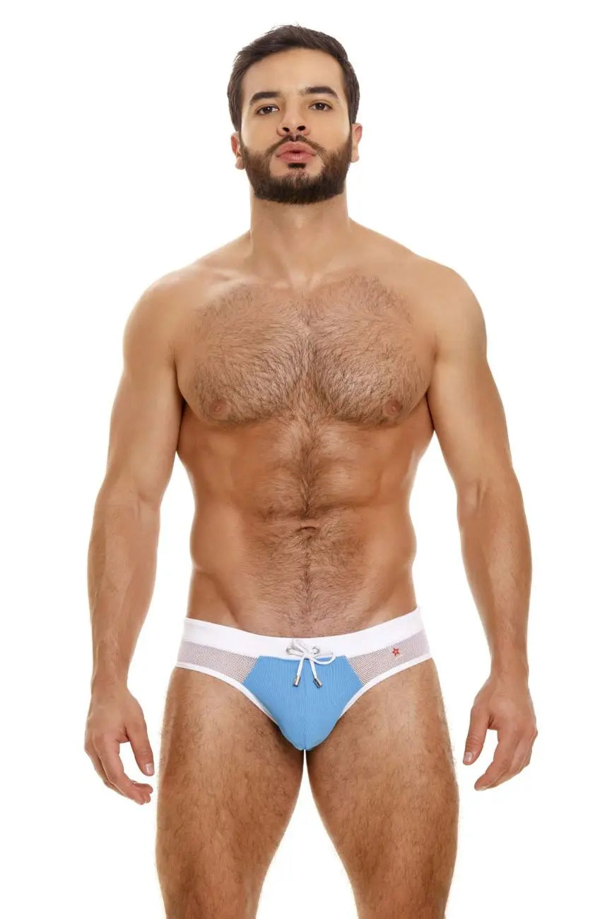 Blue JOR Ibiza swim thong with white mesh accents and drawstring.