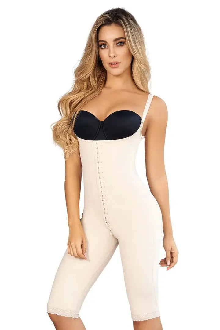 Beige open-bust, high-control, knee-length body shaper garment for women.