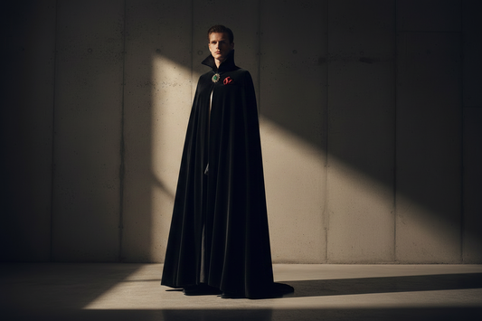 Male model in a floor-length midnight black velvet opera cape with sculptural high collar — bold Halloween costume editorial fashion 2026