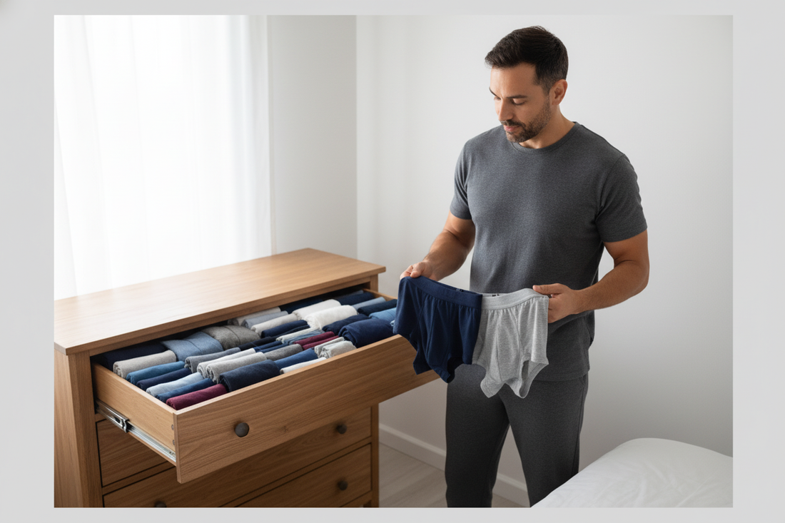 Man comparing different styles for how to choose men's underwear with organized options in a dresser drawer