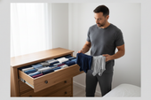 Man comparing different styles for how to choose men's underwear with organized options in a dresser drawer