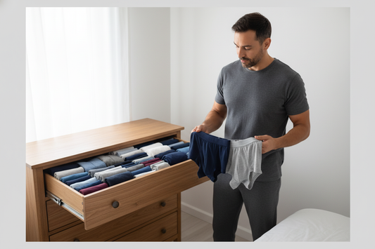 Man comparing different styles for how to choose men's underwear with organized options in a dresser drawer