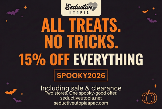 Seductive Utopia Halloween banner with bats and a pumpkin, advertising 15% off everything with SPOOKY2026 at both stores.