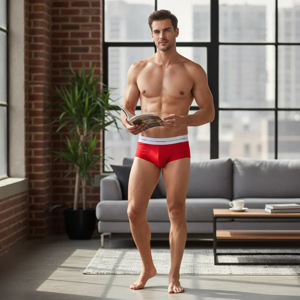 MetroMaleWear M2W Asian Bikini 3-pack in red with white elastic waistband, displayed on a mannequin against a white studio background — men's bikini brief underwear guide