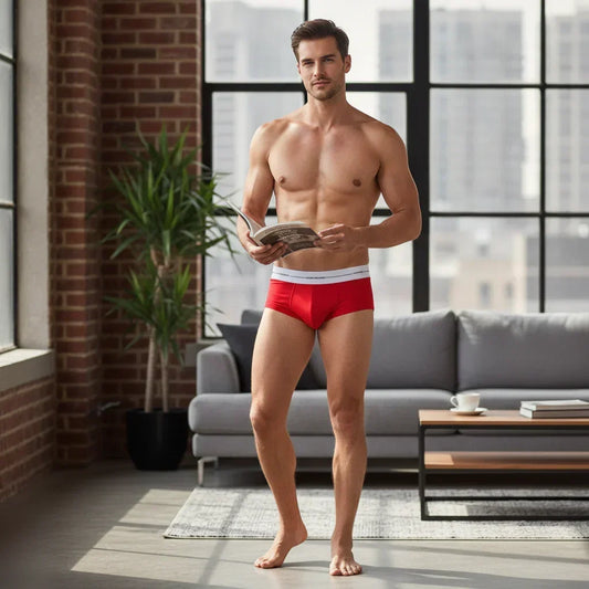 Male model wearing a navy blue swim brief with contrast waistband, standing poolside against a white wall in hard sunlight — MetroMaleWear men's underwear and swimwear guide