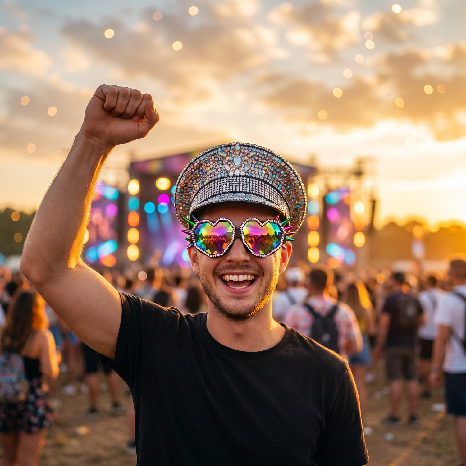 Man at a vibrant outdoor music festival wearing colorful spiked kaleidoscope goggles and a glittery rhinestone festival hat