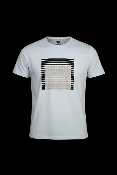Light blue crew neck t-shirt with black and gray graphic on black.