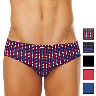 Torso in polka dot briefs showing color swatches against a white background.