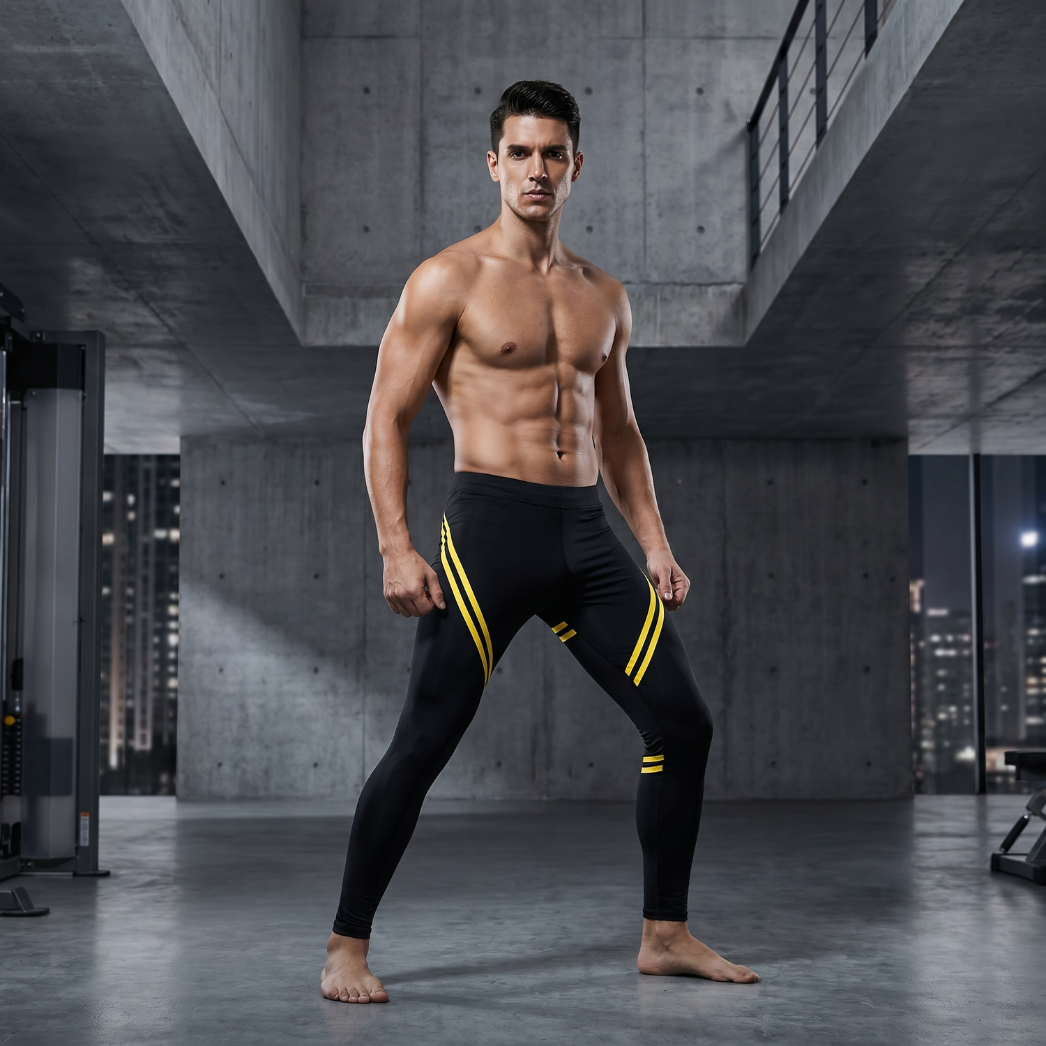 Athletic man in black compression leggings with bold yellow diagonal stripes, men's athletic pants editorial