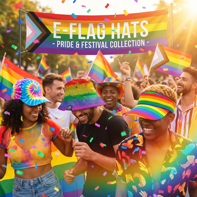 Colorful Pride and festival hat collection featuring rainbow bucket hats, tie-dye caps, and visors at an outdoor Pride event