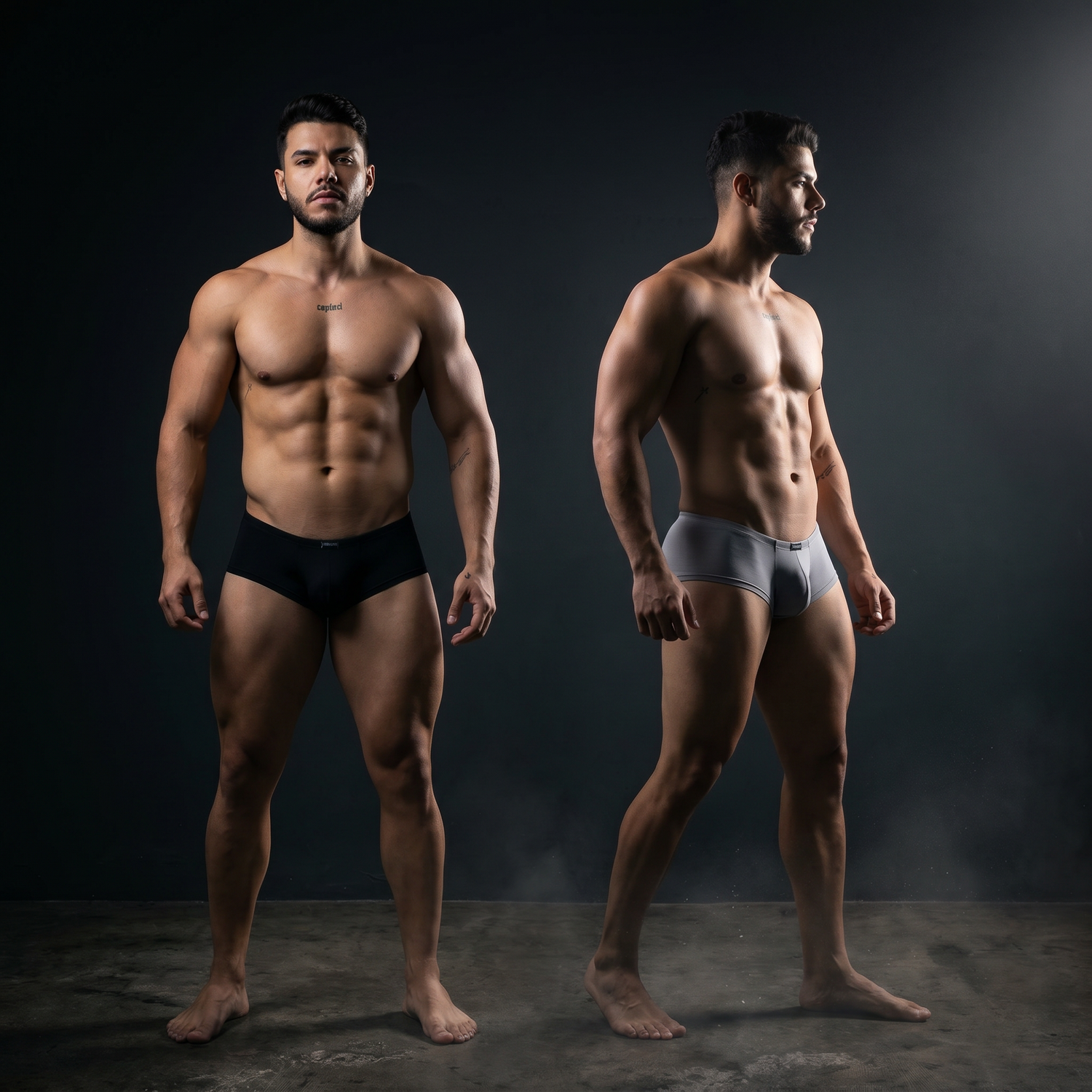 Two athletic men in Xtremen black and gray microfiber trunks in a dramatic moody studio — Xtremen Underwear collection