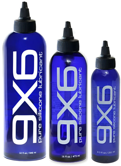 Three sleek blue bottles of 9x6 premium silicone-based lubricant displayed against a clean white background.