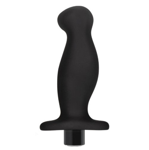 A matte black silicone object with an angled head on white background.