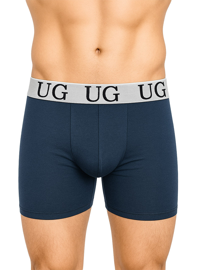 Navy blue ug boxer briefs with white elastic waistband and black ug lettering from undergear brand collection