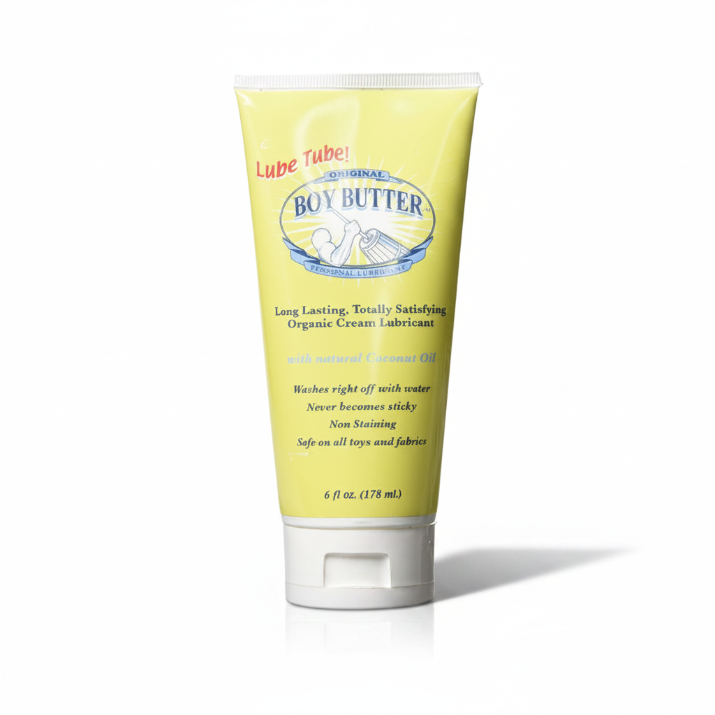 Yellow tube of boy butter original organic cream lubricant with white cap and blue logo in personal lubricants collection