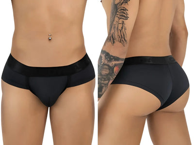 Model in black fitted men's brief underwear with wide elastic waistband on white background