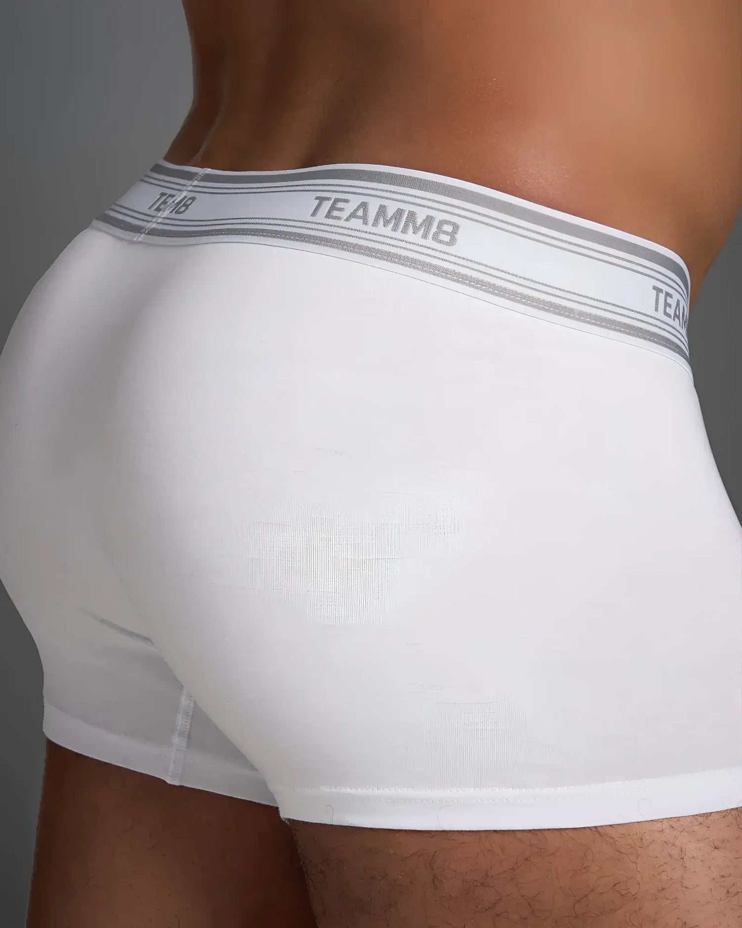 White team8 boxer briefs with gray elastic waistband featuring bold brand name from seductiveutopia.net sexy mens underwear collection