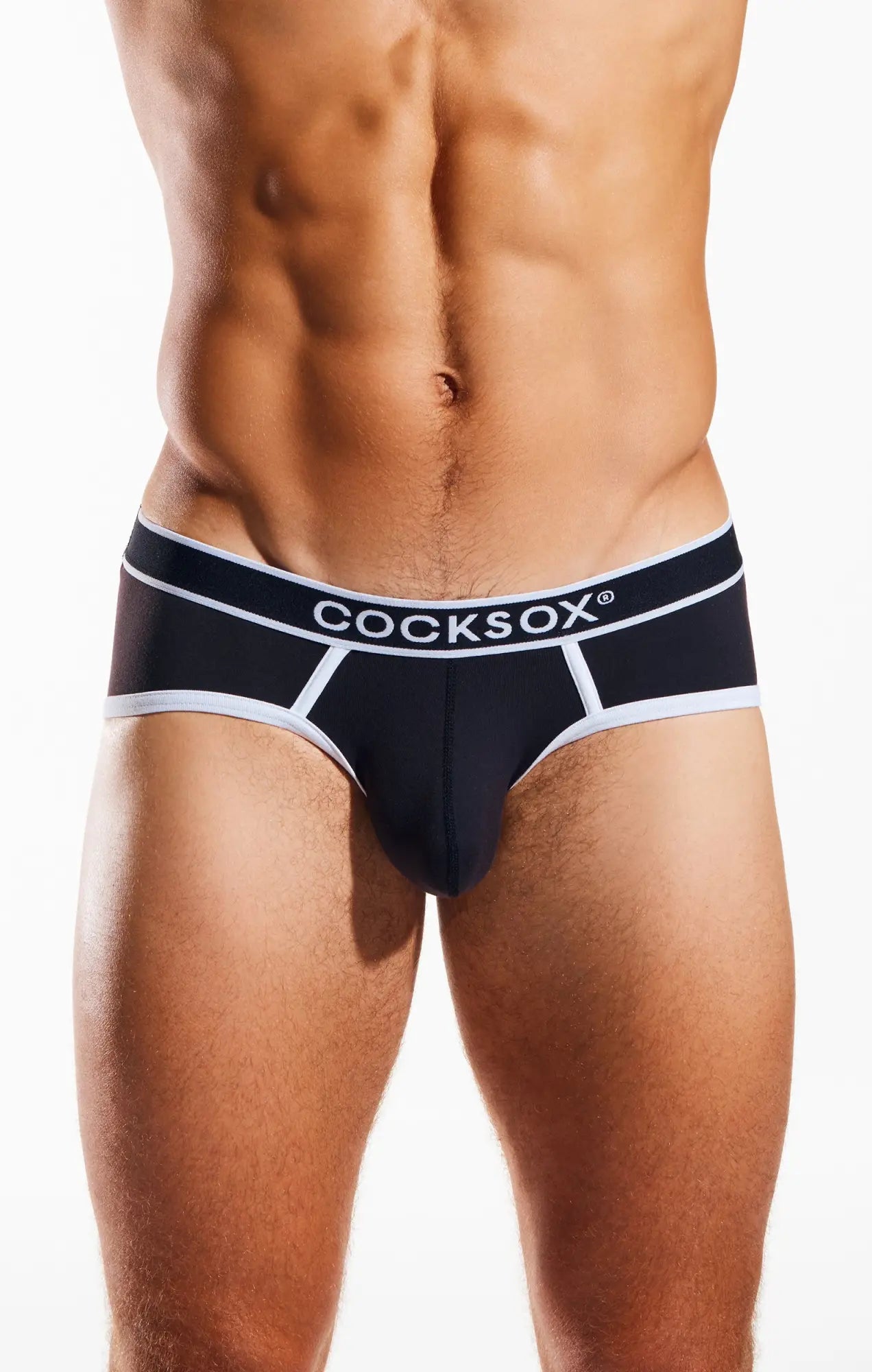 Torso of a fit man wearing black briefs with white trim edges.