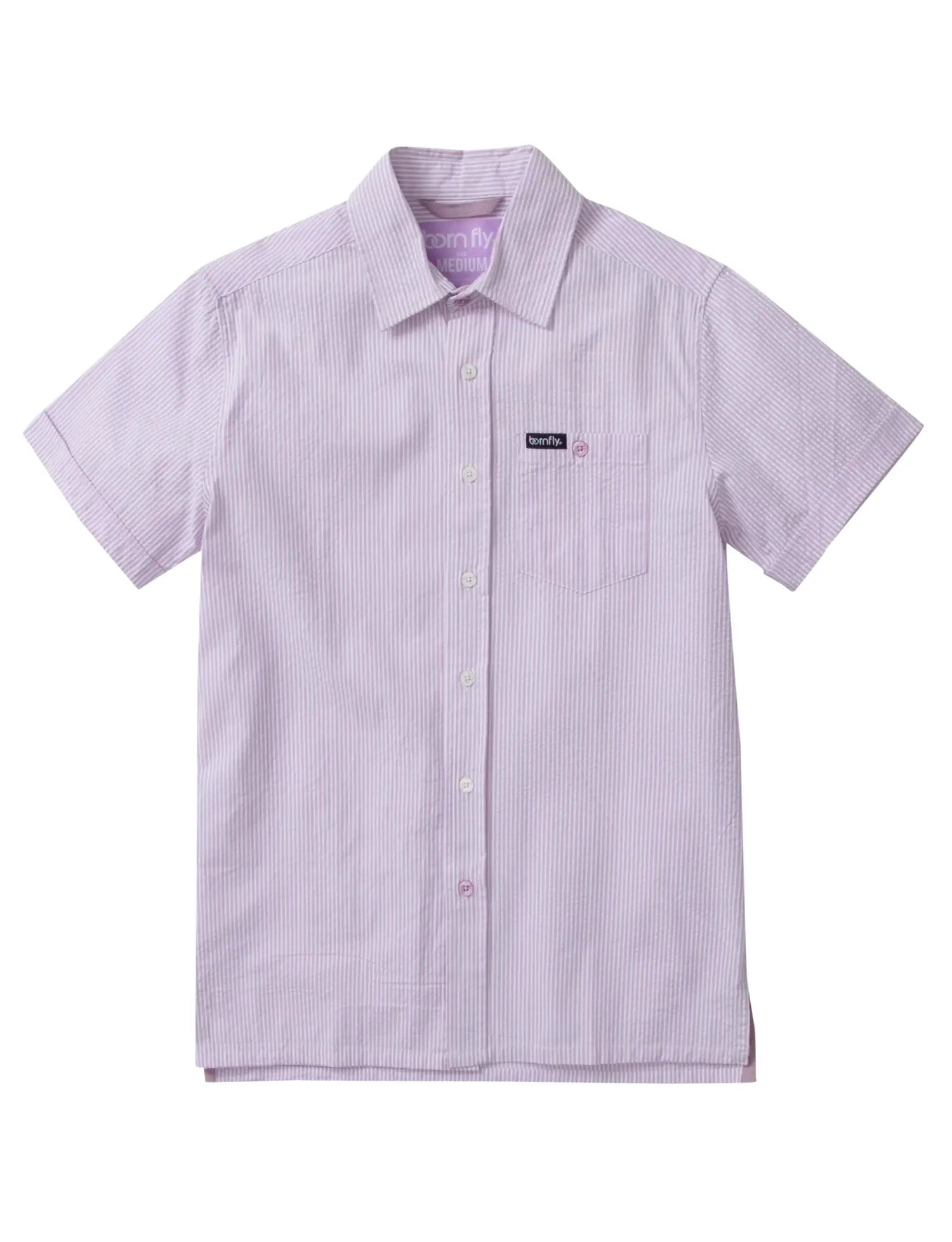 Short-sleeve button-down shirt with thin purple stripes on a white background.