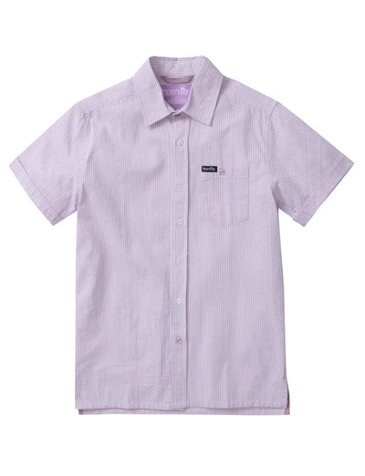 Short-sleeve button-down shirt with thin purple stripes on a white background.