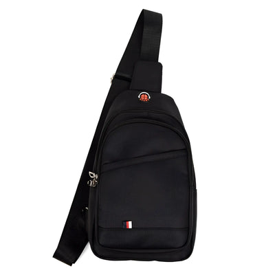 A sleek black nylon crossbody sling bag with bold red accents and silver hardware from the Westend collection.