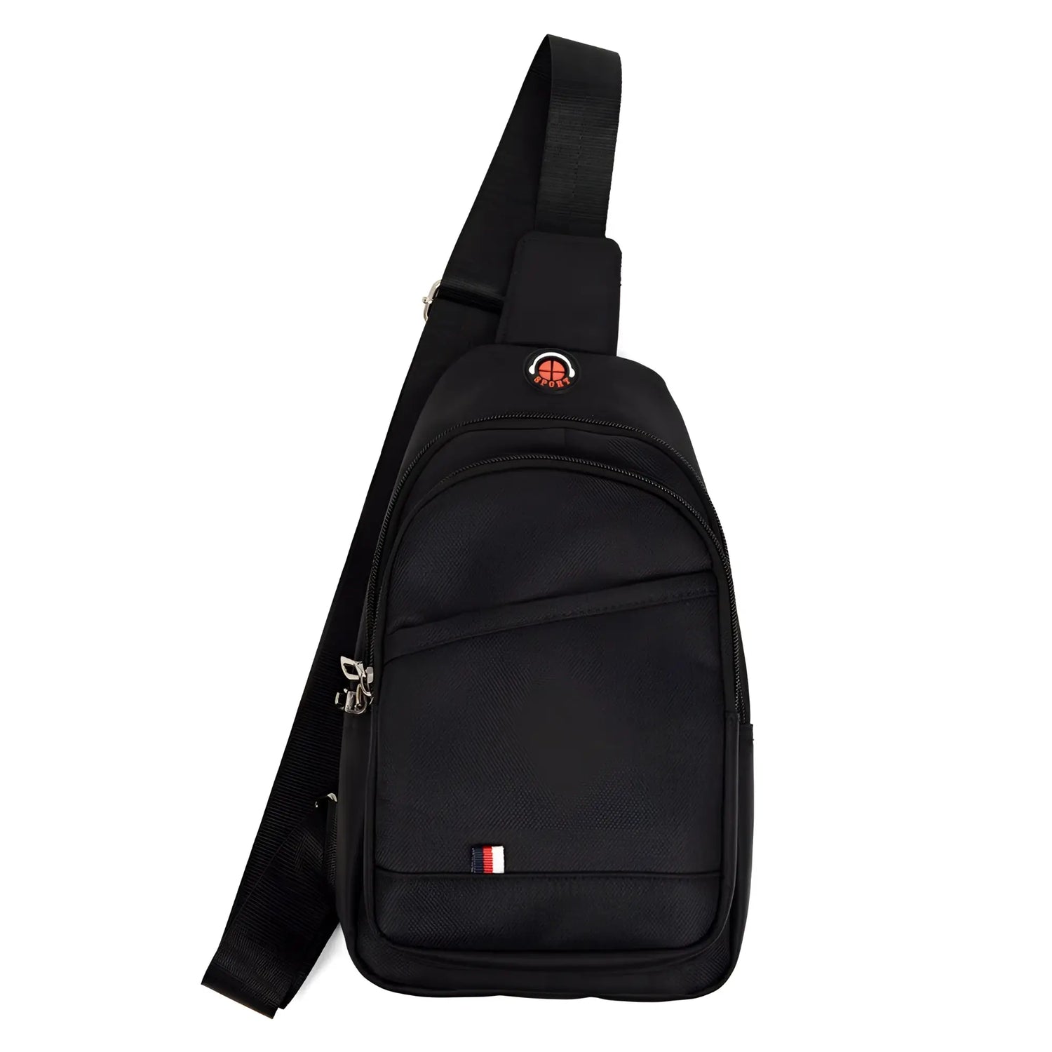 A black textured sling bag with a strap against white background.