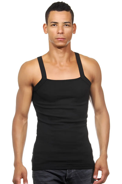 Man wearing a fitted black ribbed tank top against a white background.