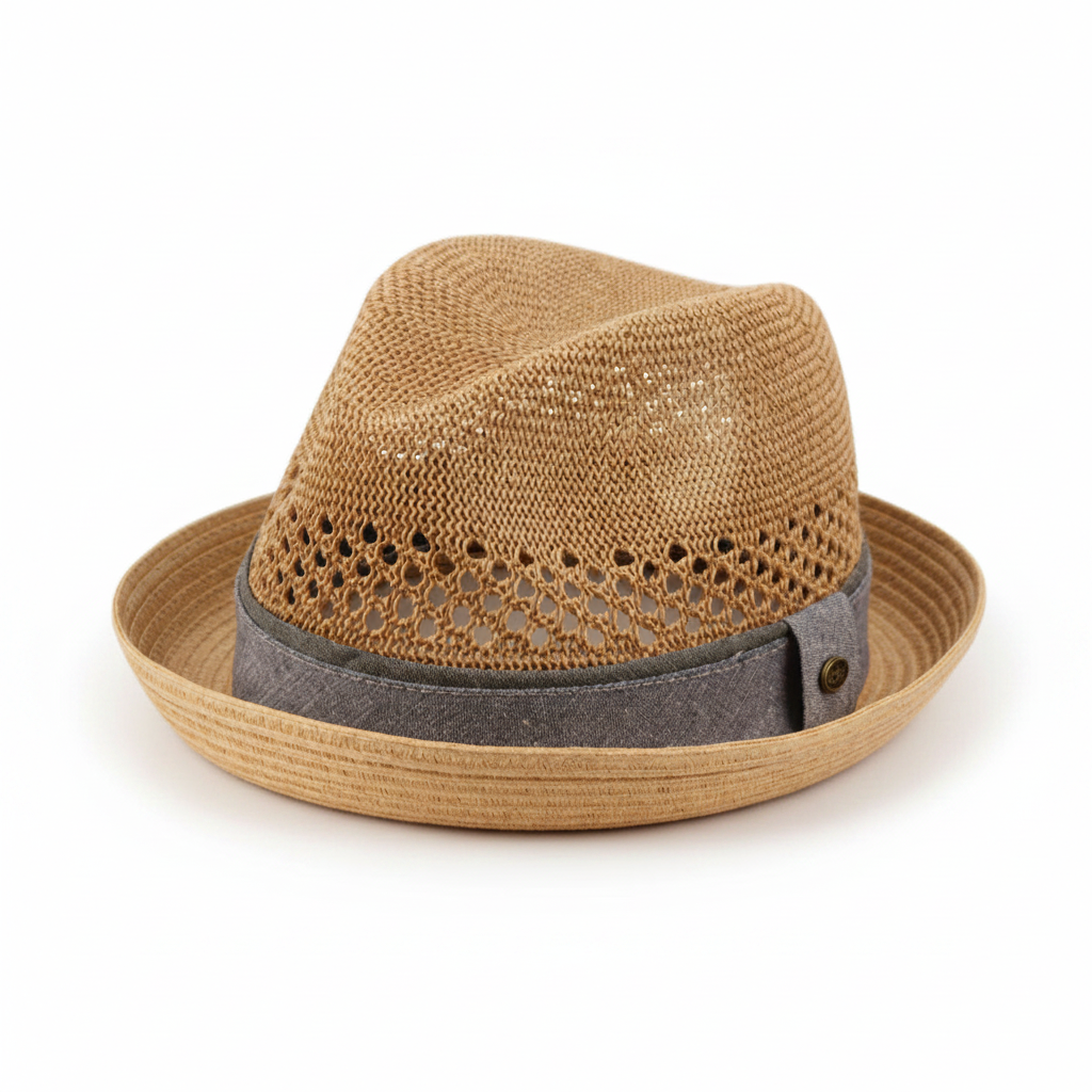 Tan woven straw fedora with gray fabric band and perforated detailing from epoch hats collection