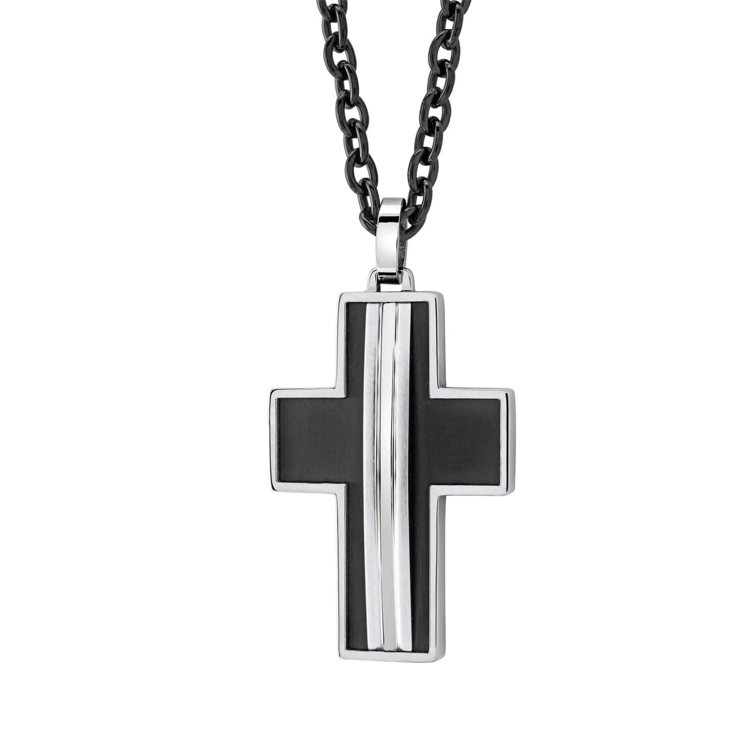 A two-tone metal cross pendant hangs from a dark chain against white.