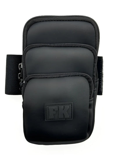 Black matte fabric arm pouch with zippered compartments and elastic velcro straps.